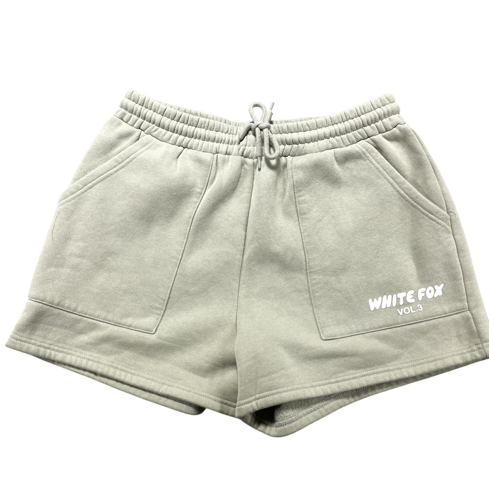 White Fox Sweat Shorts Womens Medium Green Fleece Elastic Waist Logo Comfort